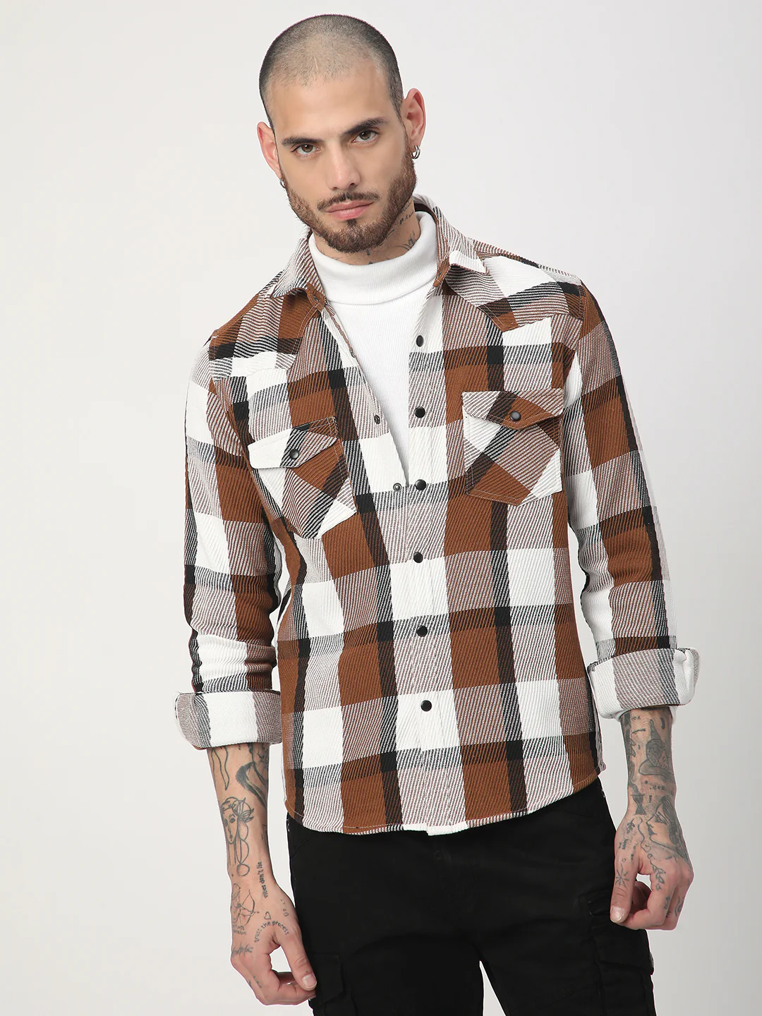 Brown & White Heavy Twill Jacquard Double Pocket Shirt - Image 4