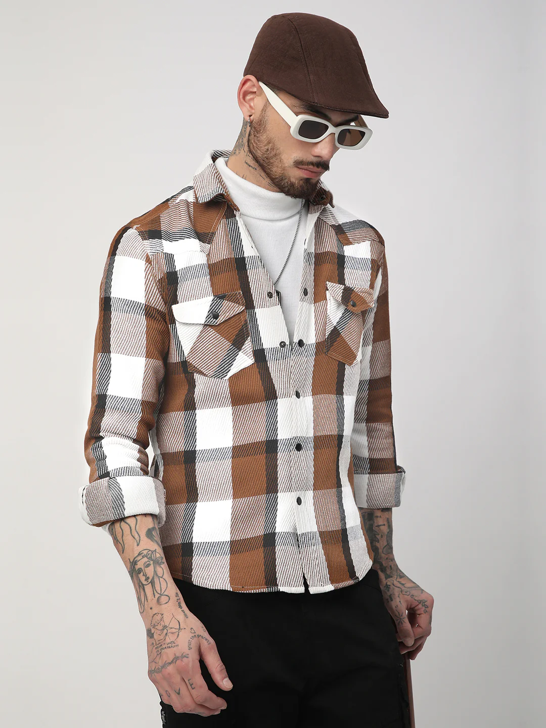Brown & White Heavy Twill Jacquard Double Pocket Shirt - Image 5