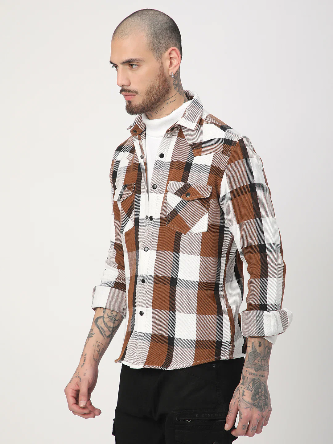 Brown & White Heavy Twill Jacquard Double Pocket Shirt - Image 6