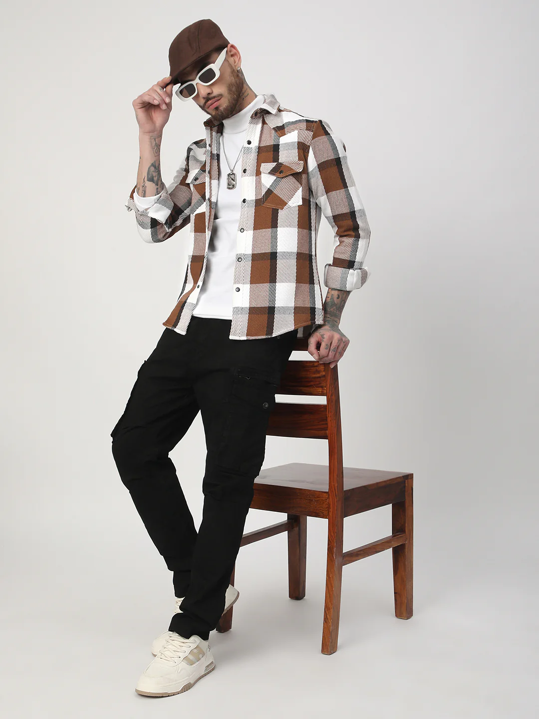 Brown & White Heavy Twill Jacquard Double Pocket Shirt - Image 8