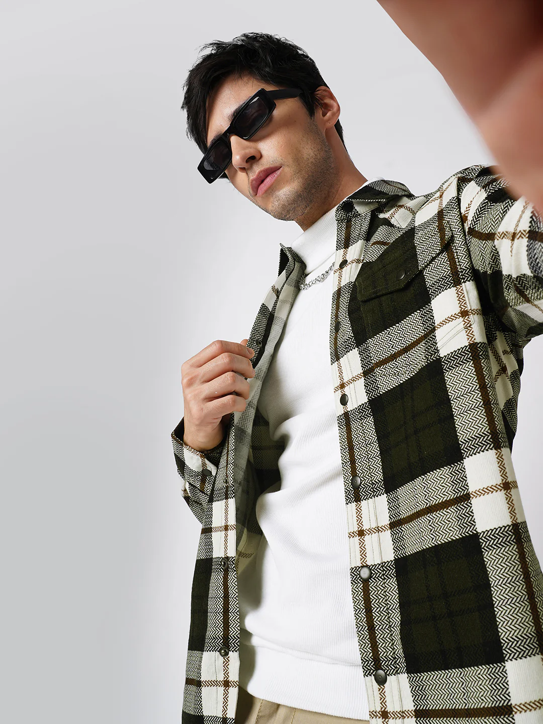Brown & White Herringbone Weave Checked Corduroy Shirt - Image 2