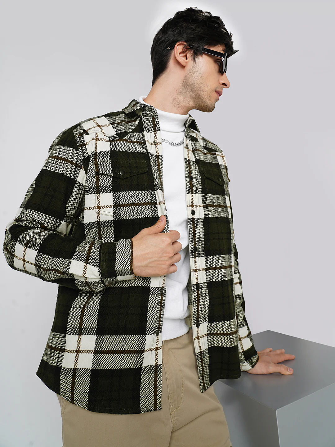 Brown & White Herringbone Weave Checked Corduroy Shirt - Image 4