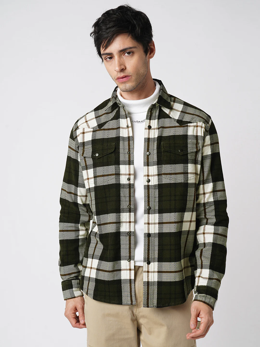 Brown & White Herringbone Weave Checked Corduroy Shirt - Image 5