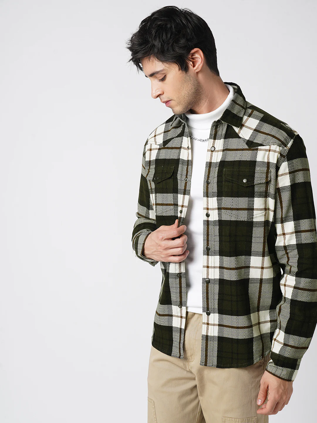 Brown & White Herringbone Weave Checked Corduroy Shirt - Image 6