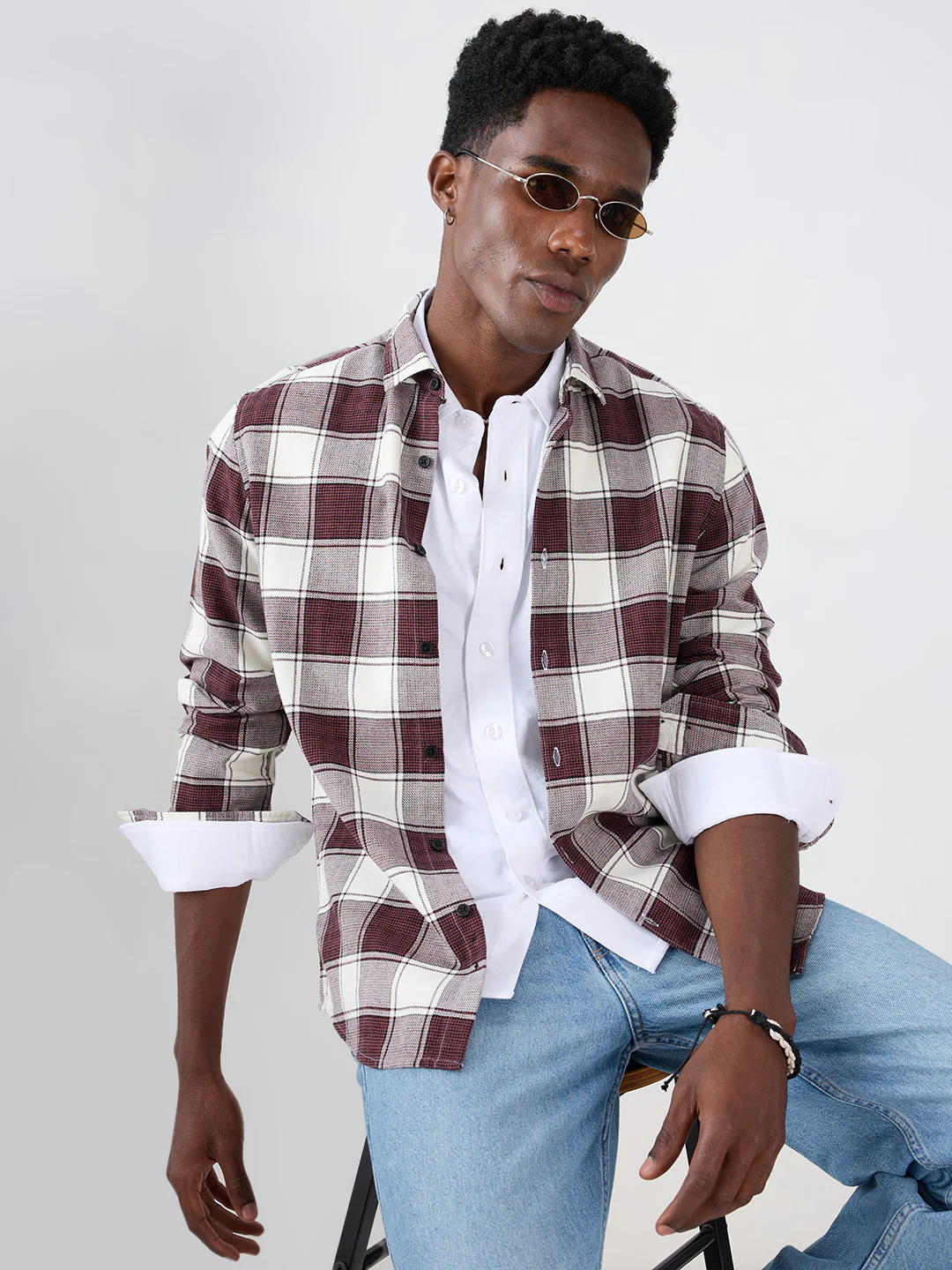 Maroon & White Windowpane Checks Shirt - Image 2