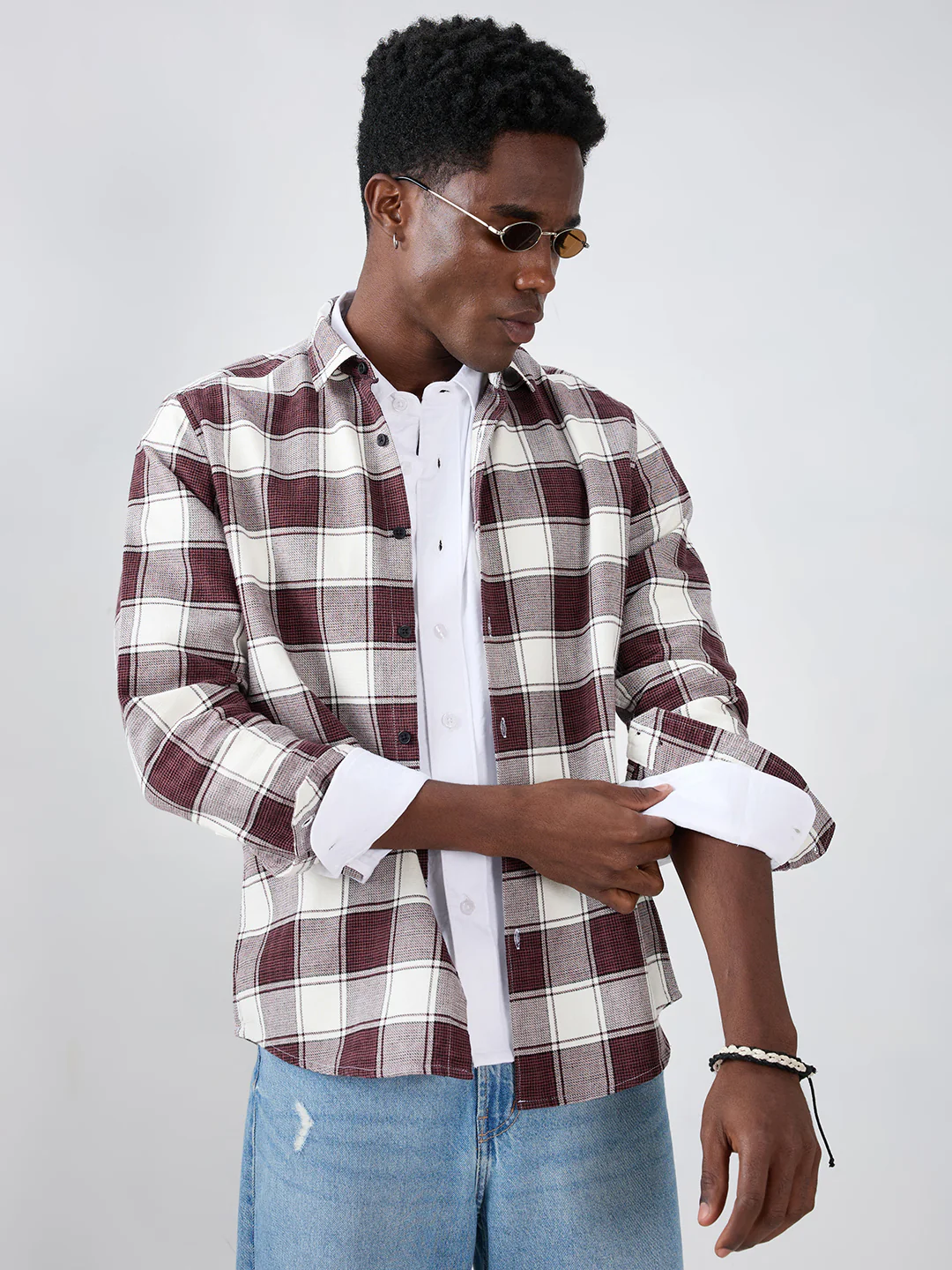 Maroon & White Windowpane Checks Shirt - Image 4