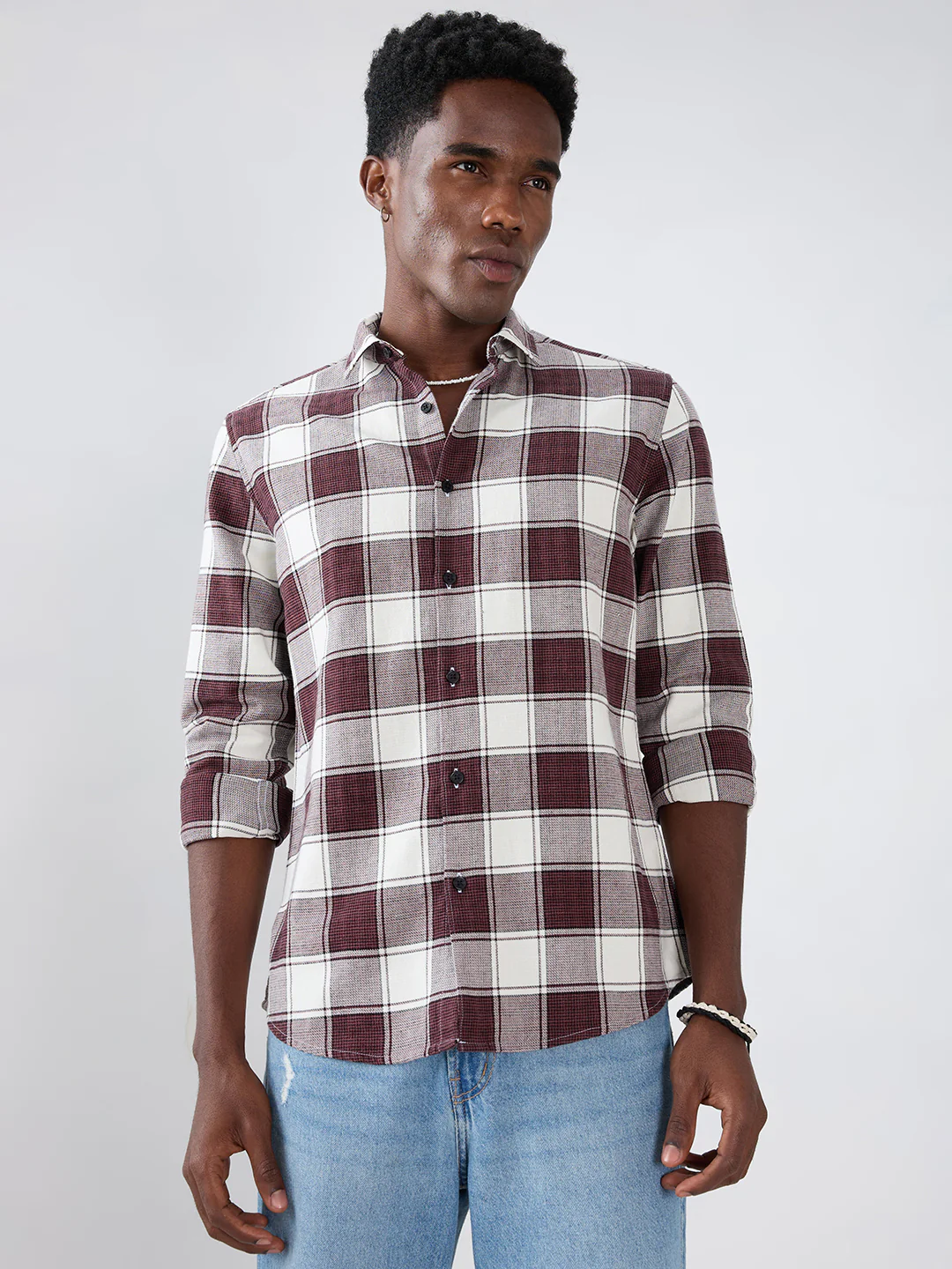 Maroon & White Windowpane Checks Shirt - Image 5