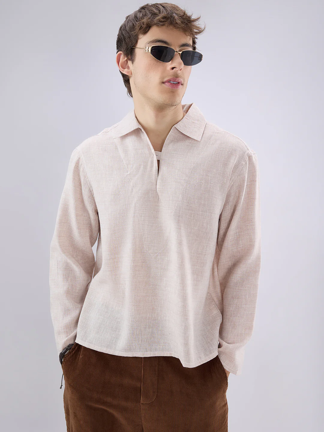 Brownish Tint Textured Cuffless Oversized Shirt - Image 2