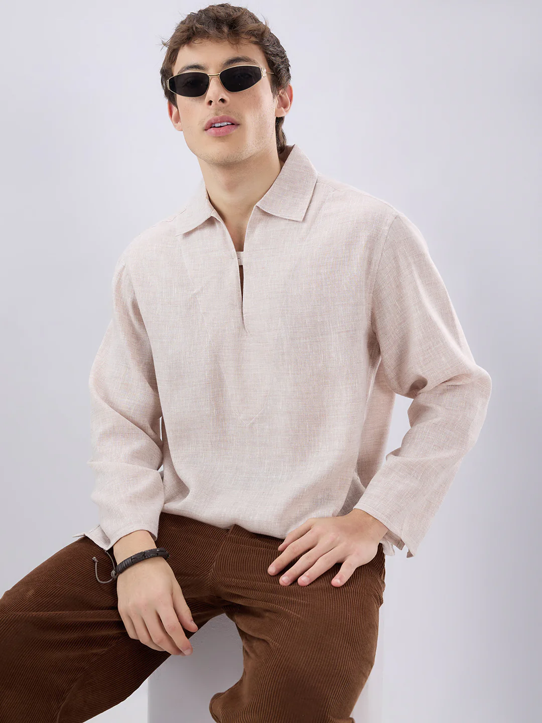 Brownish Tint Textured Cuffless Oversized Shirt - Image 4