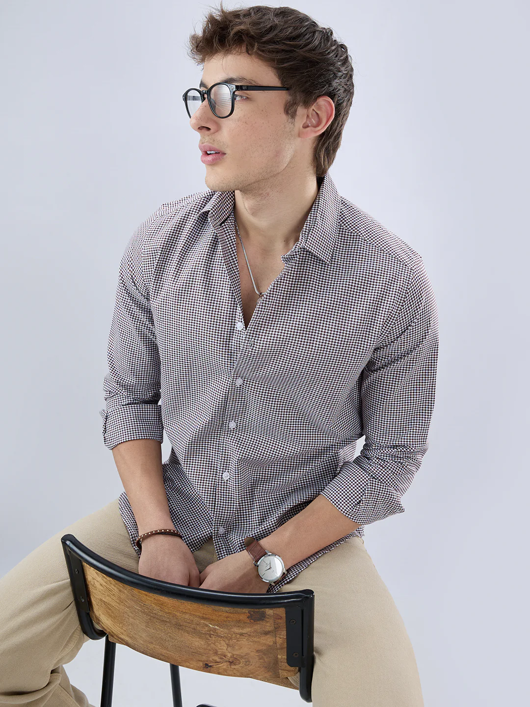 Brunette Brown & White Tiny Checkered Oxford Shirt - Image 4