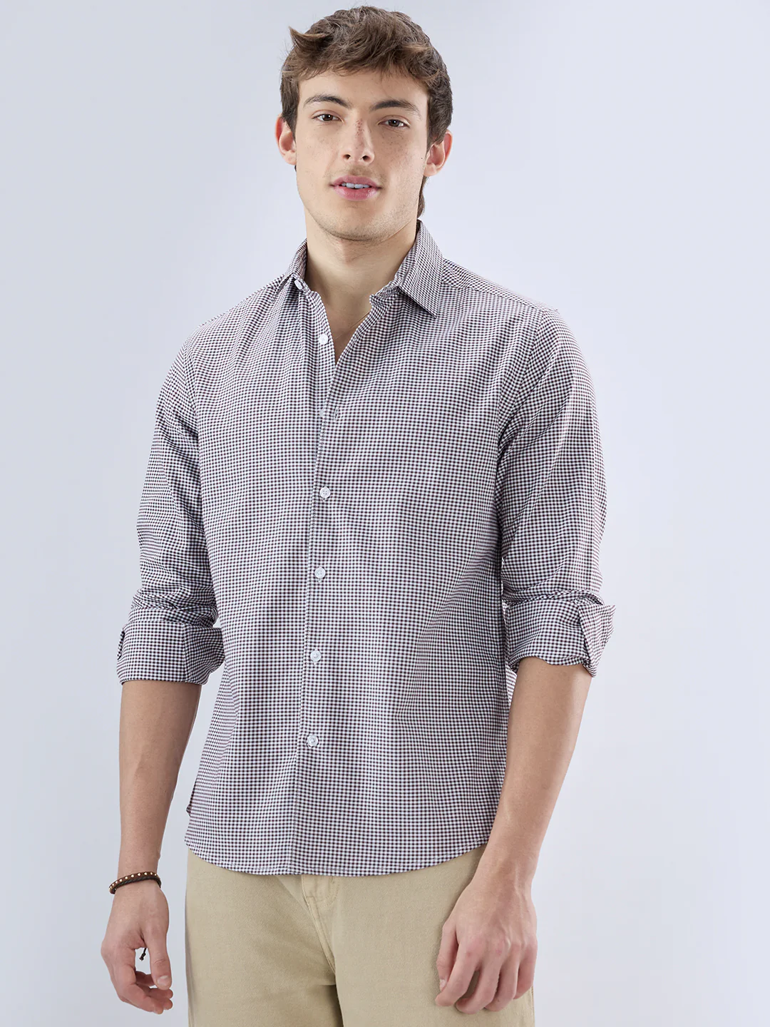 Brunette Brown & White Tiny Checkered Oxford Shirt - Image 5