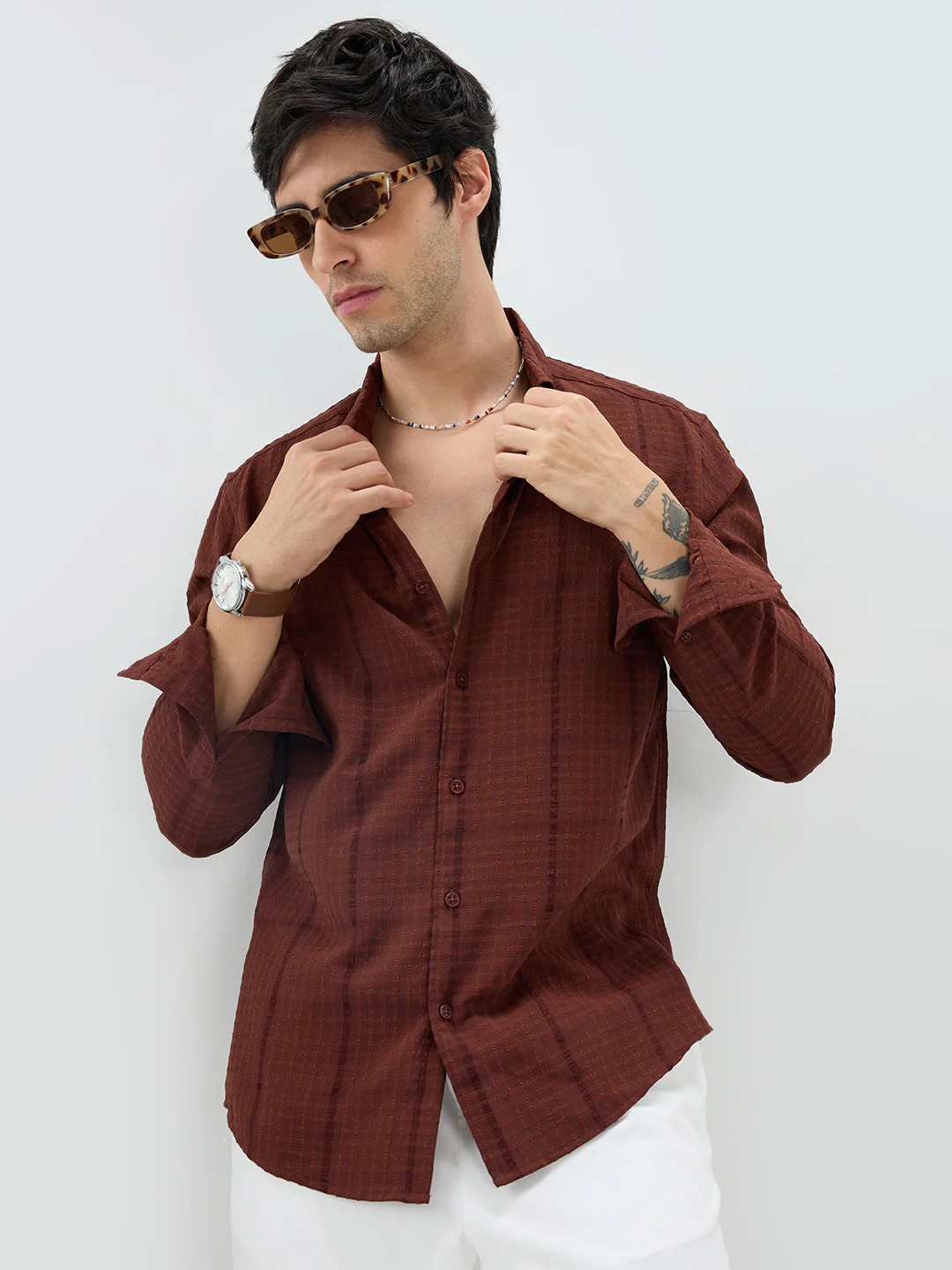 Brunette Brown Micro Checks Textured Shirt