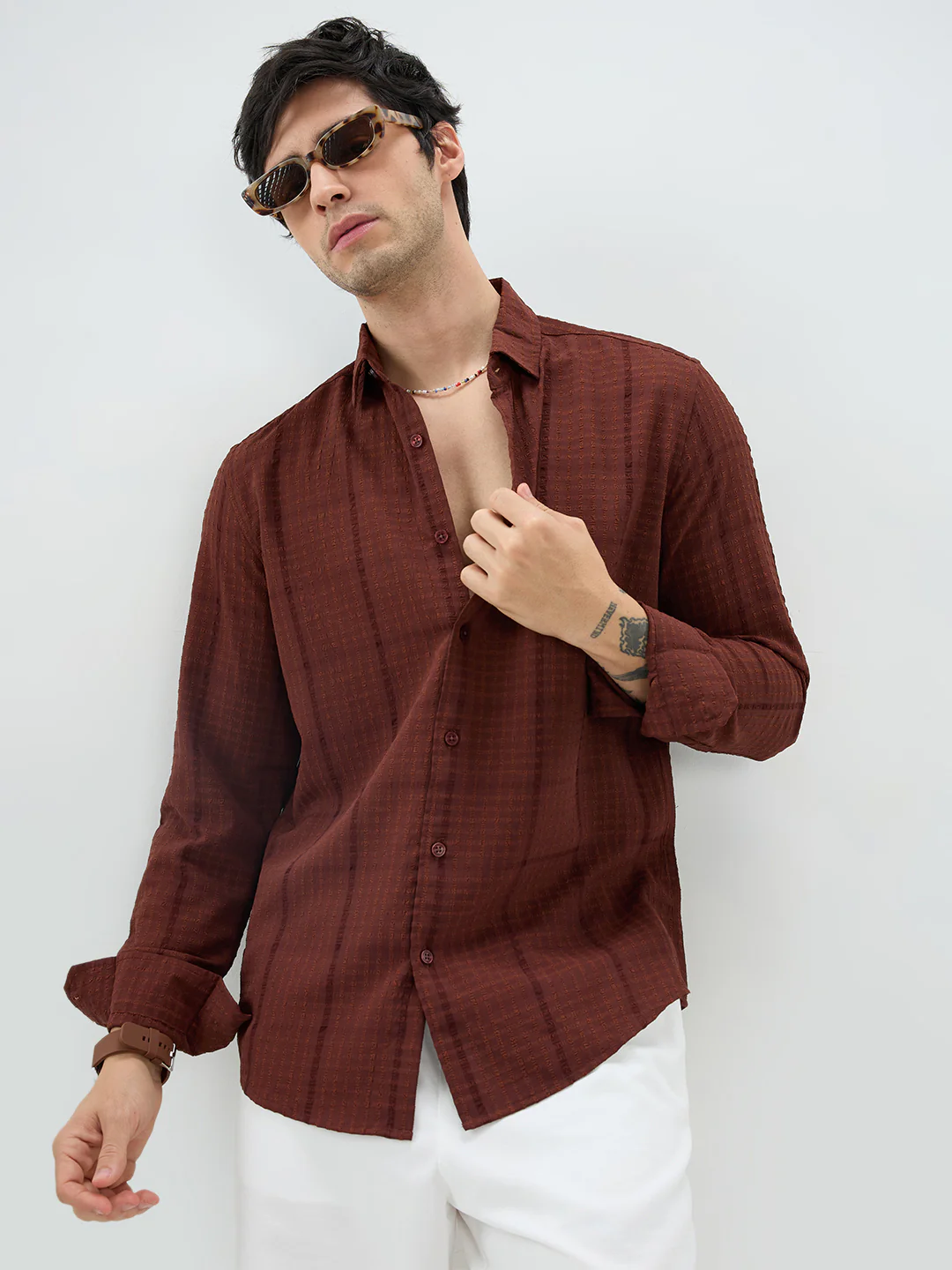 Brunette Brown Micro Checks Textured Shirt - Image 2