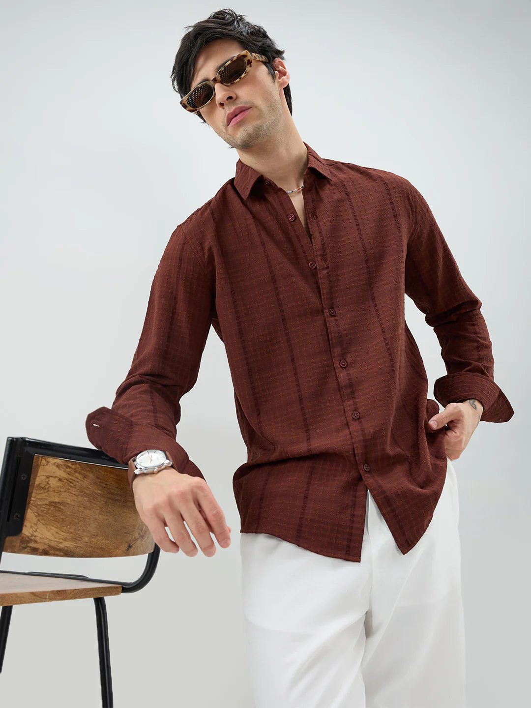 Brunette Brown Micro Checks Textured Shirt - Image 4