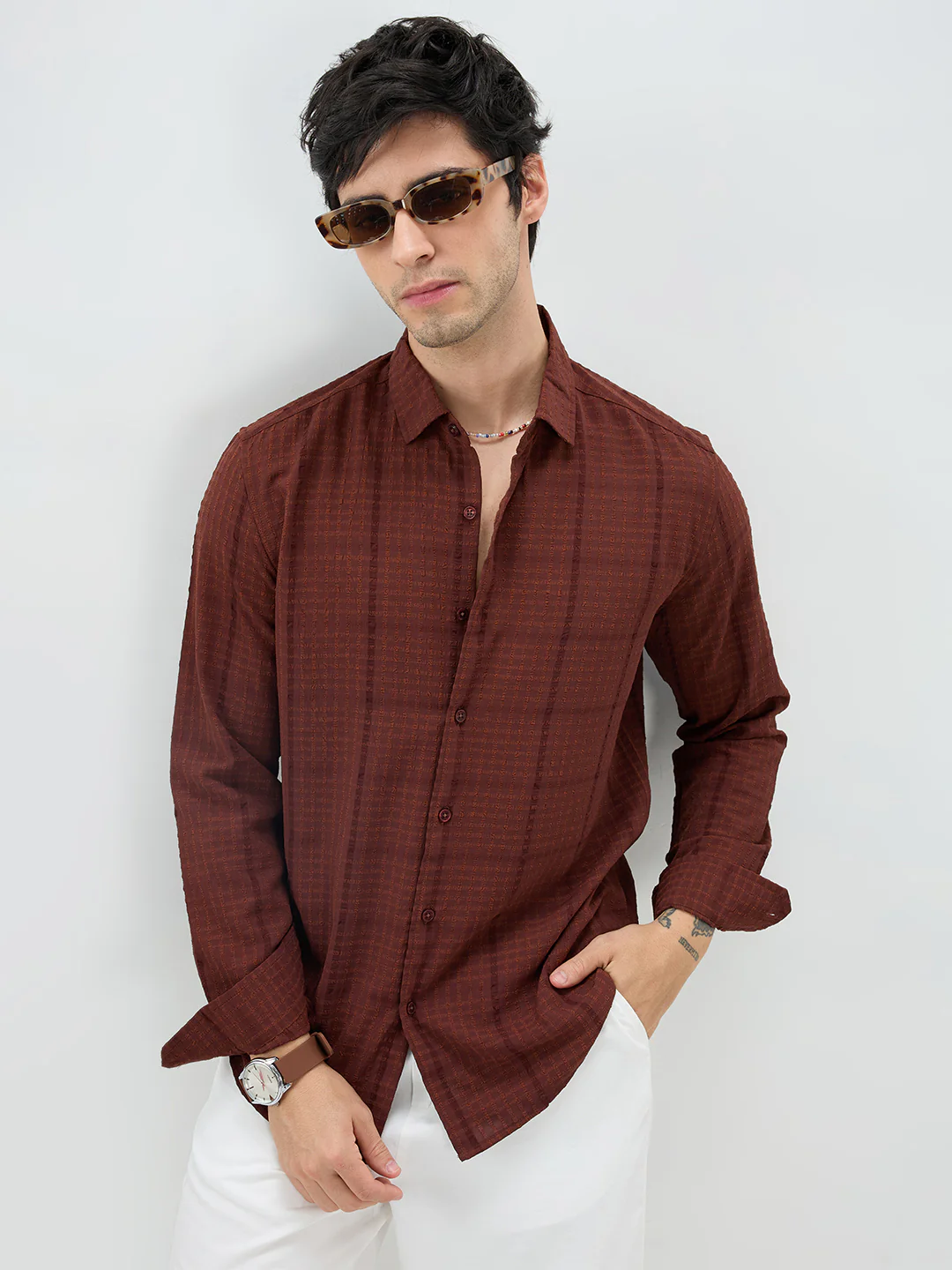 Brunette Brown Micro Checks Textured Shirt - Image 5