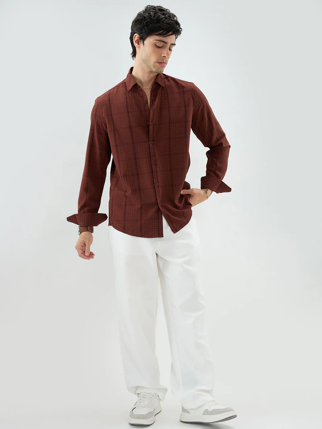 Brunette Brown Micro Checks Textured Shirt - Image 7