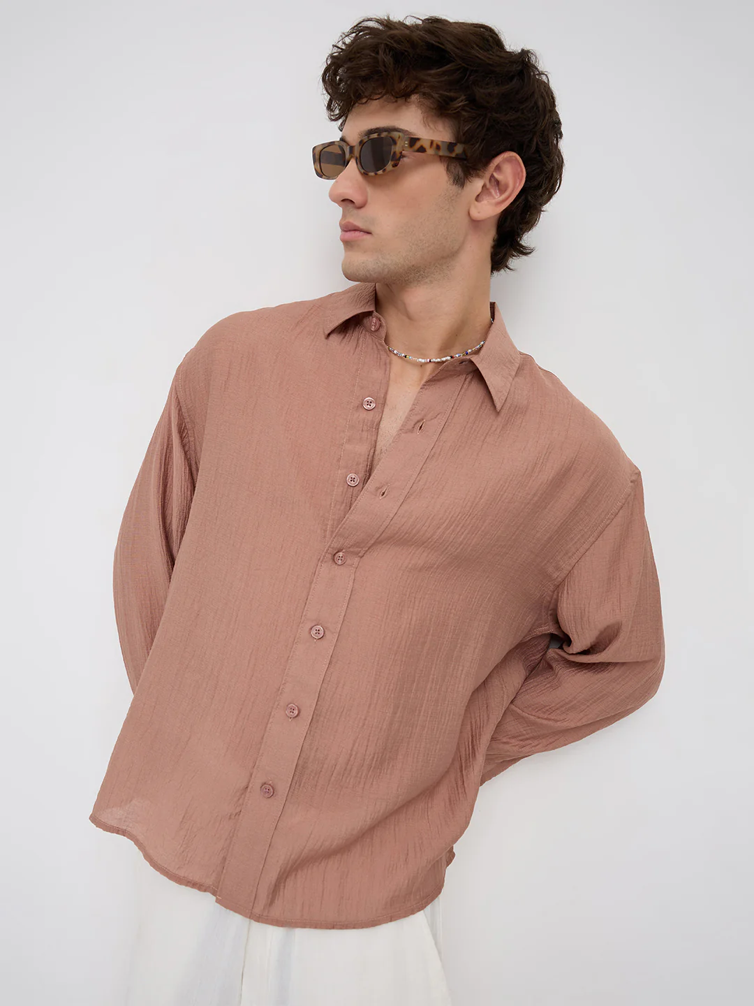 Burnt Clay Sheen Crinkled Boxy Fit Crop Shirt
