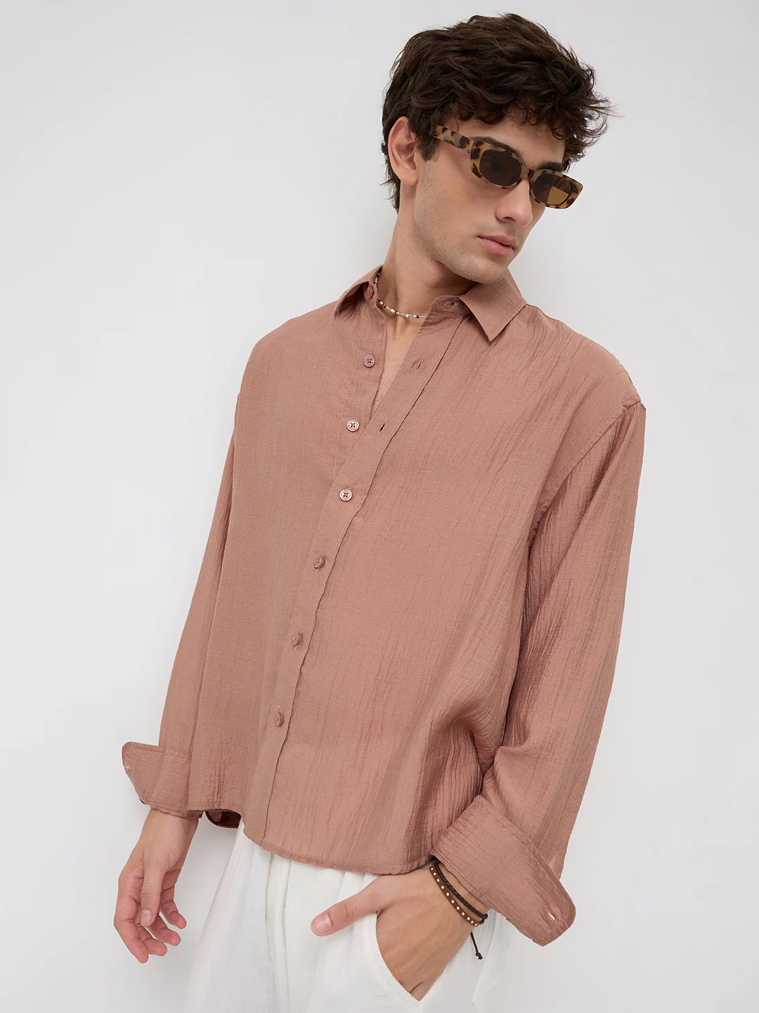 Burnt Clay Sheen Crinkled Boxy Fit Crop Shirt - Image 2