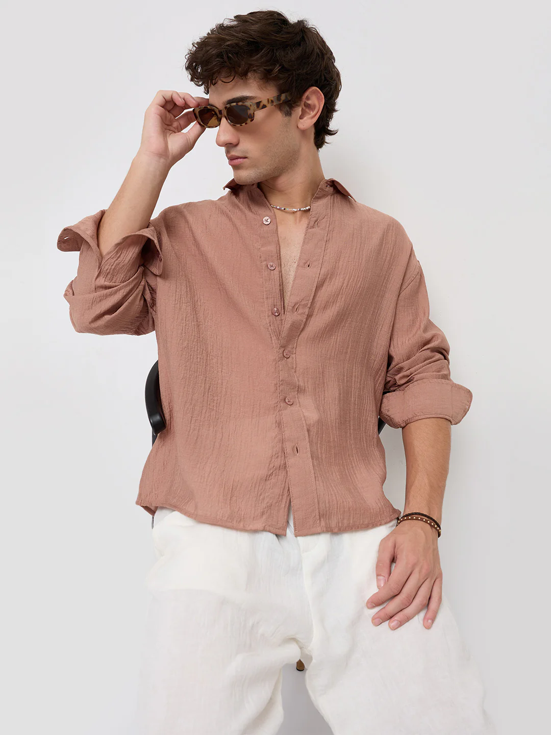 Burnt Clay Sheen Crinkled Boxy Fit Crop Shirt - Image 5