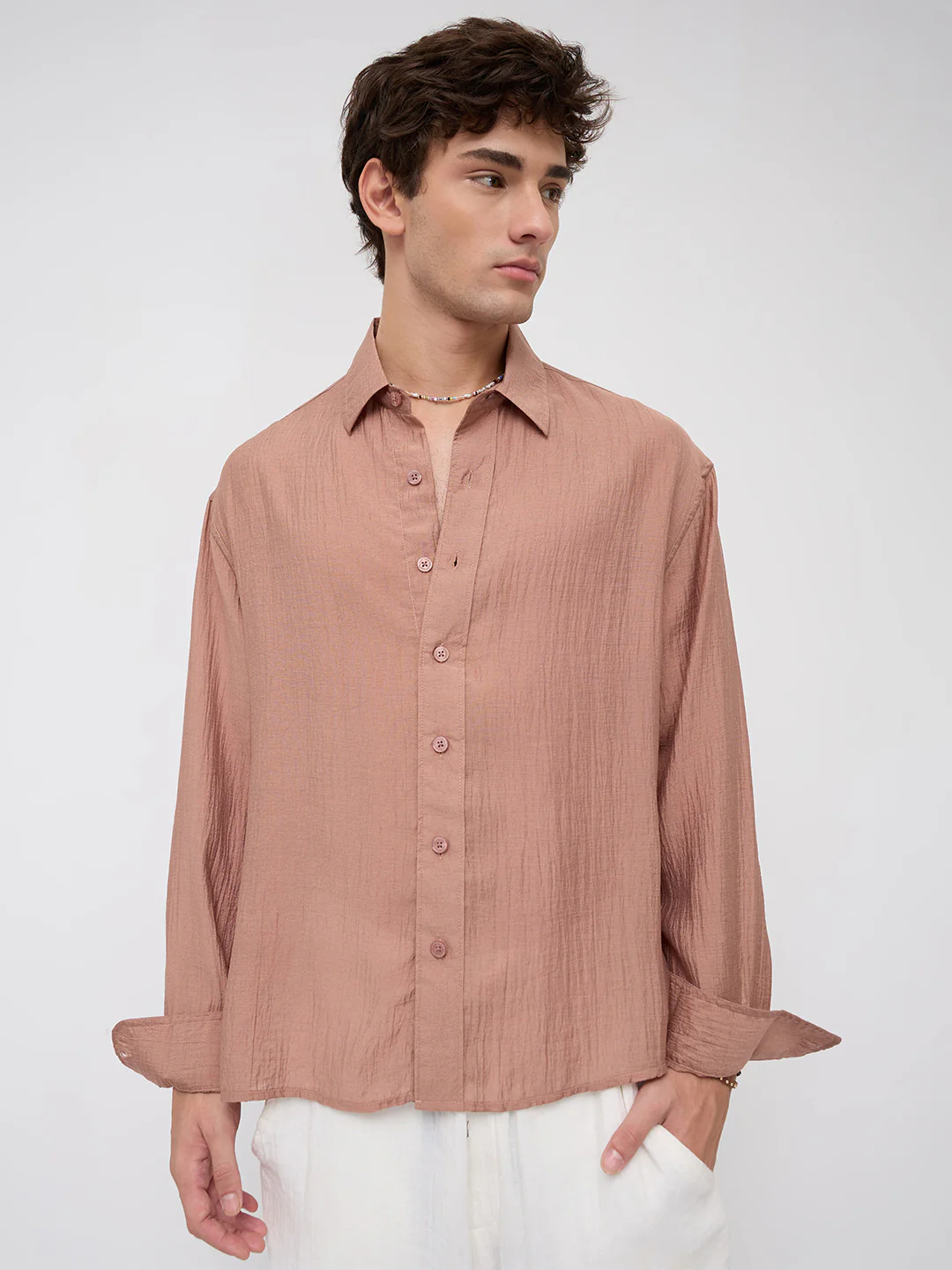 Burnt Clay Sheen Crinkled Boxy Fit Crop Shirt - Image 6