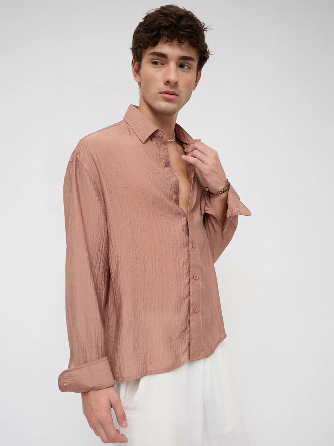 Burnt Clay Sheen Crinkled Boxy Fit Crop Shirt - Image 7