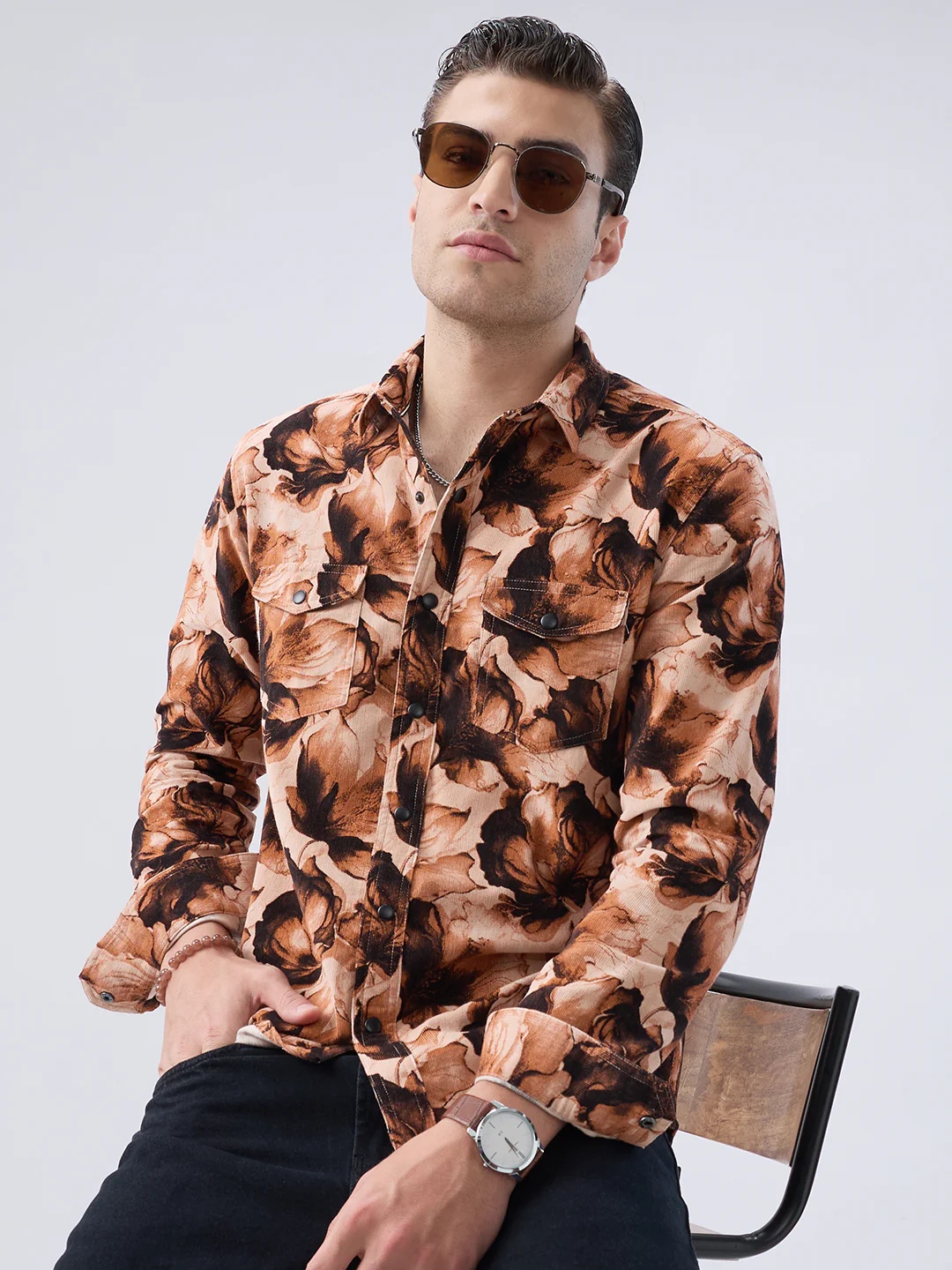 Burnt Orange Floral Printed Double Pocket Corduroy Shirt - Image 2