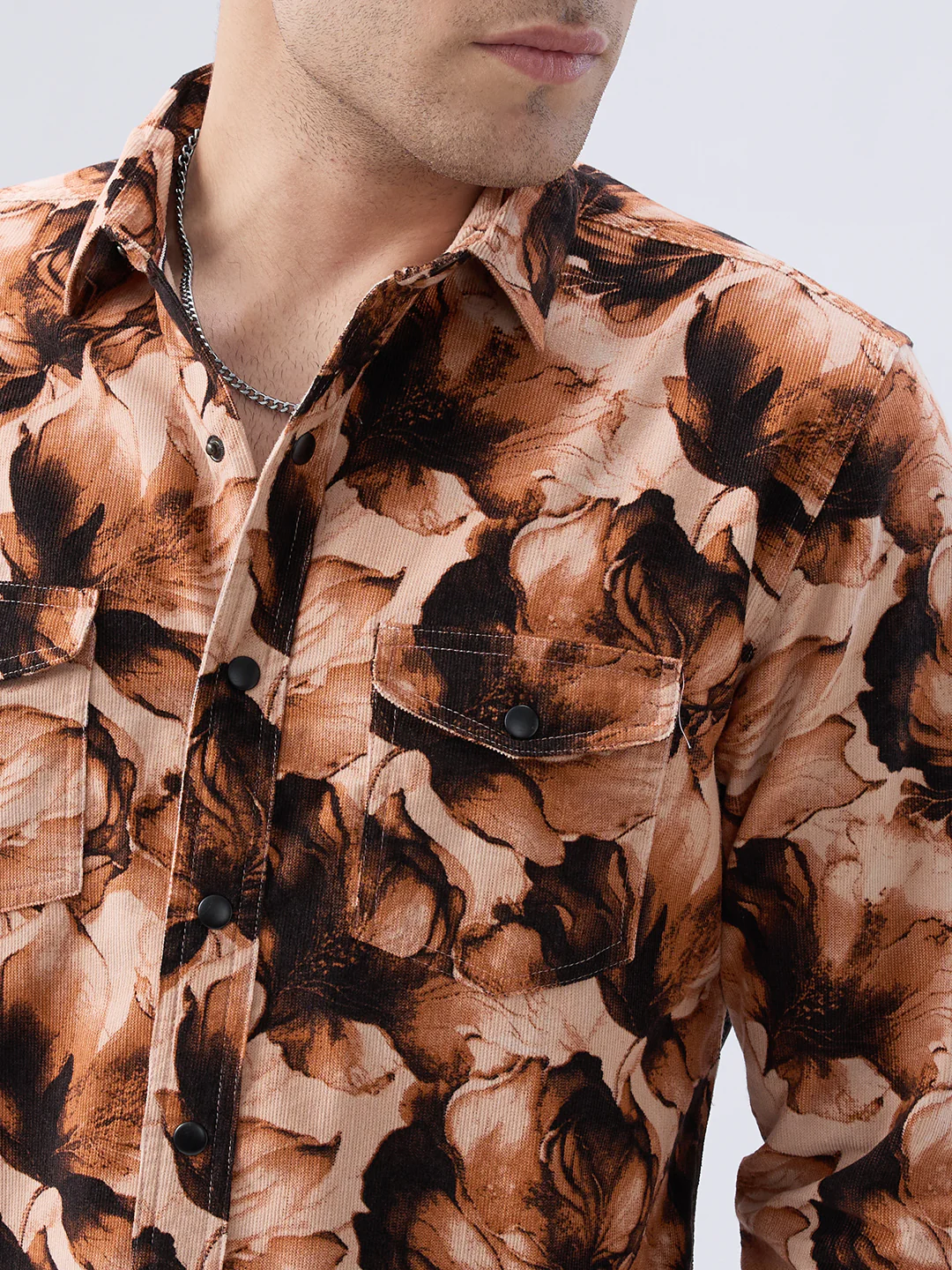 Burnt Orange Floral Printed Double Pocket Corduroy Shirt - Image 3