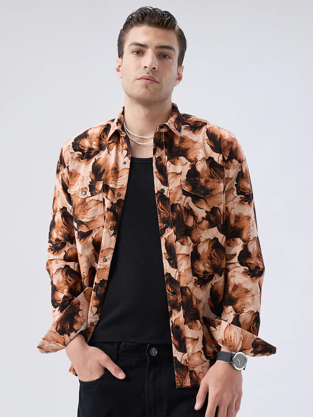 Burnt Orange Floral Printed Double Pocket Corduroy Shirt - Image 4