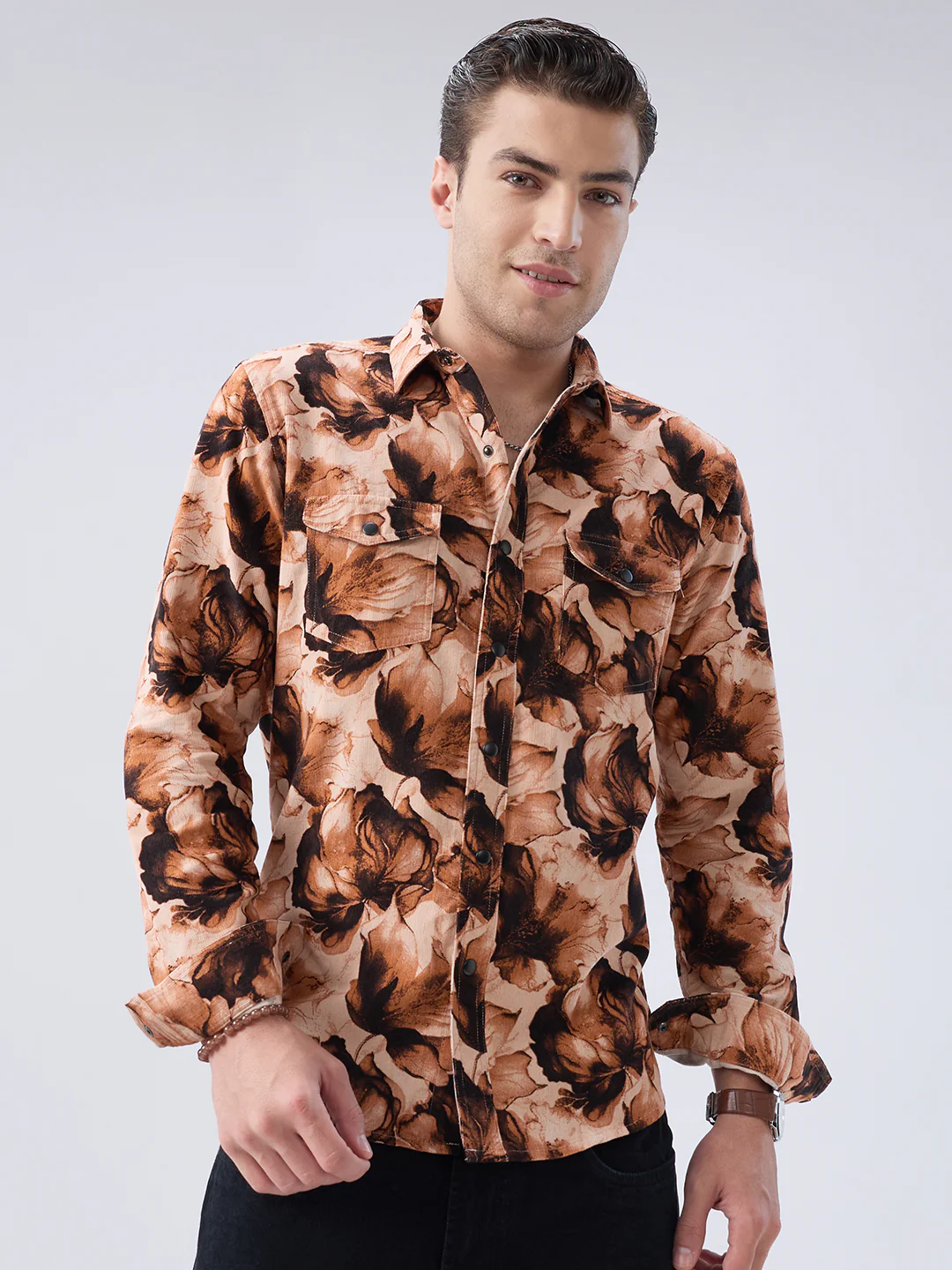 Burnt Orange Floral Printed Double Pocket Corduroy Shirt - Image 5