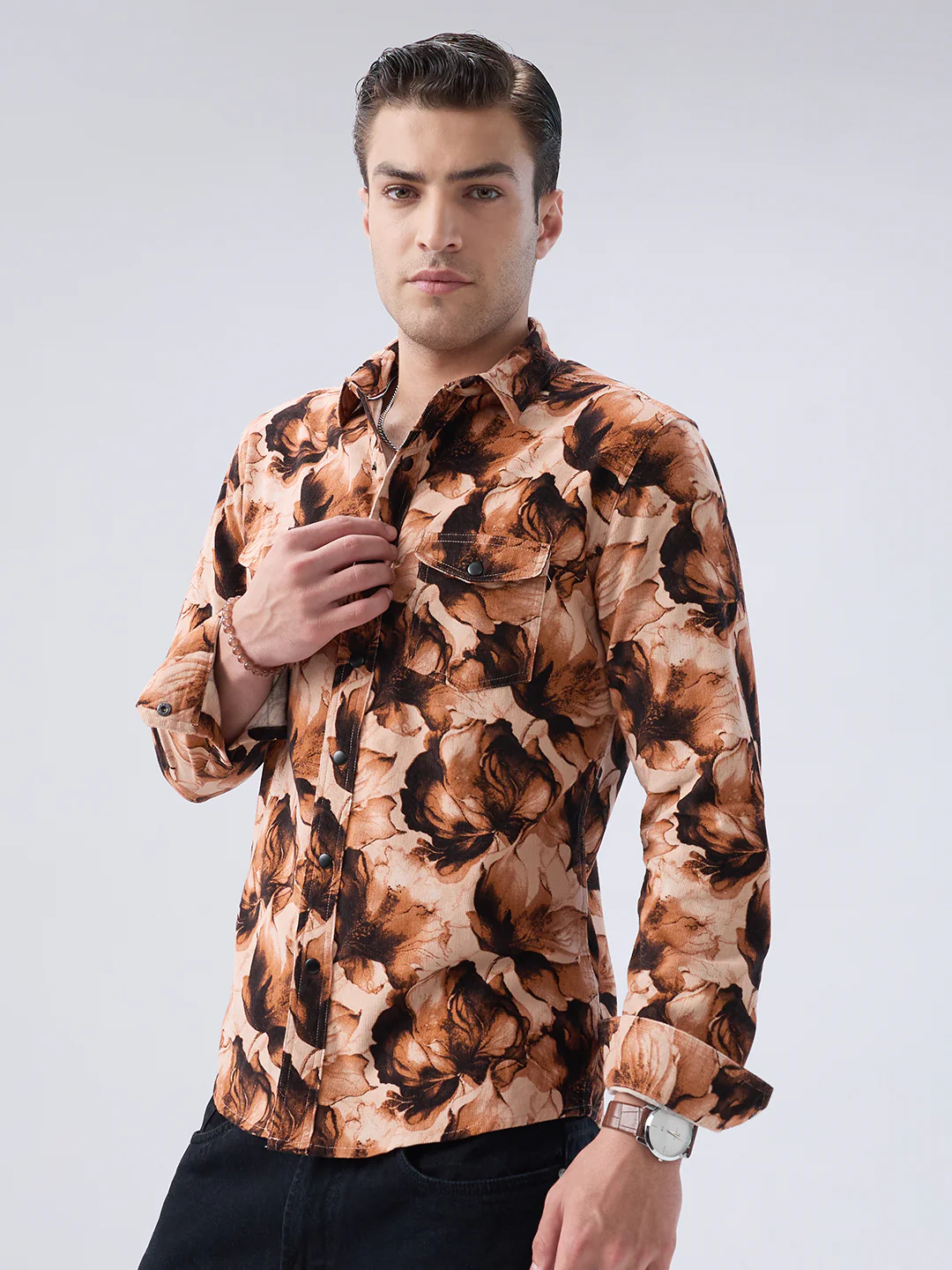 Burnt Orange Floral Printed Double Pocket Corduroy Shirt - Image 6