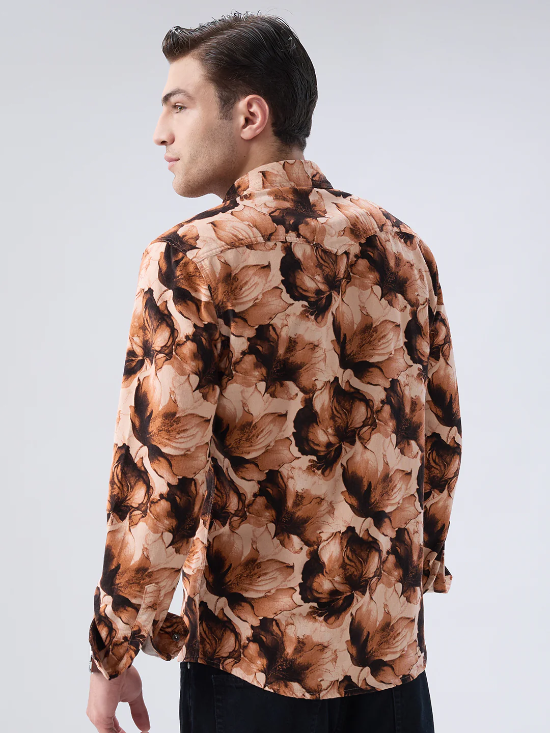 Burnt Orange Floral Printed Double Pocket Corduroy Shirt - Image 7