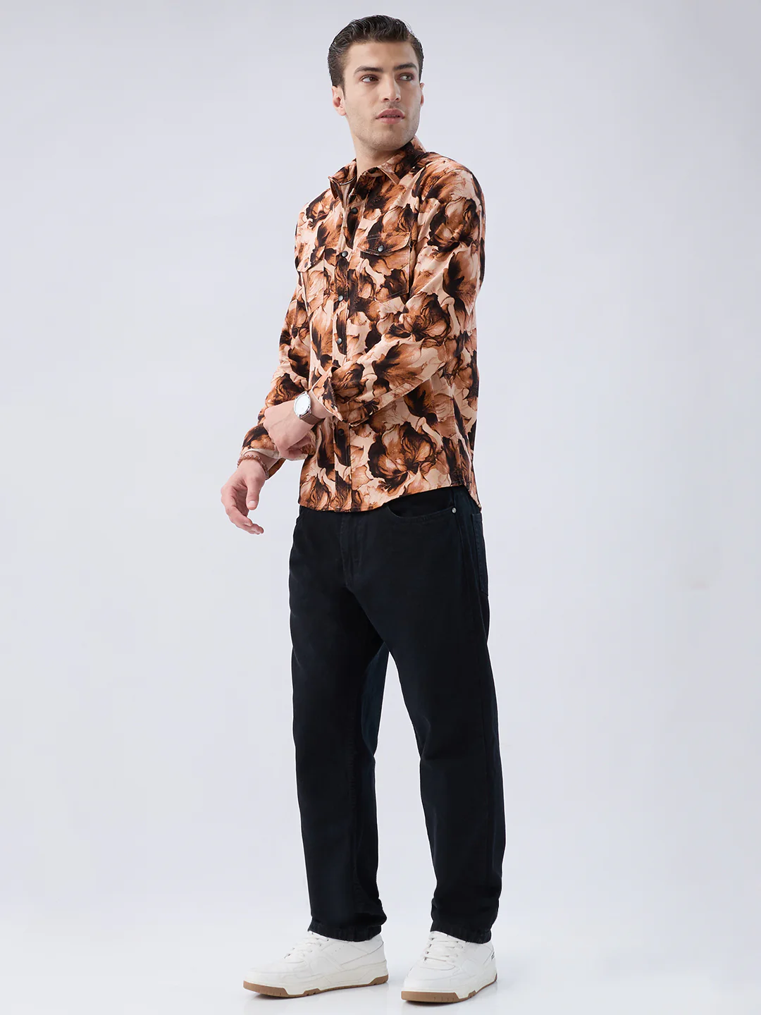Burnt Orange Floral Printed Double Pocket Corduroy Shirt - Image 8