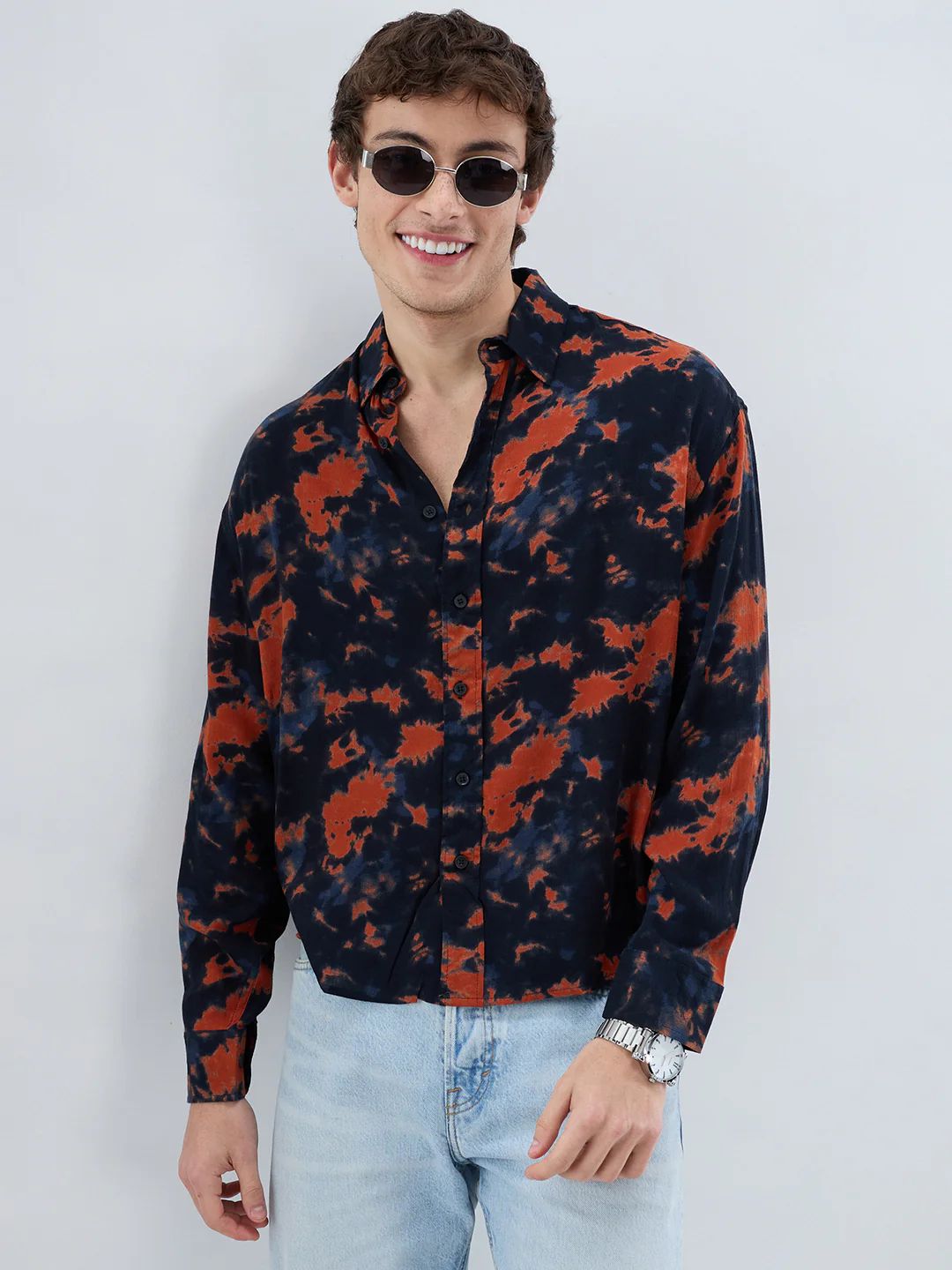 Burnt Orange Tie-Dye Printed Boxy Fit Crop Shirt - Image 2