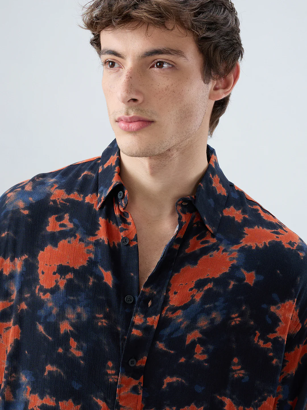 Burnt Orange Tie-Dye Printed Boxy Fit Crop Shirt - Image 3
