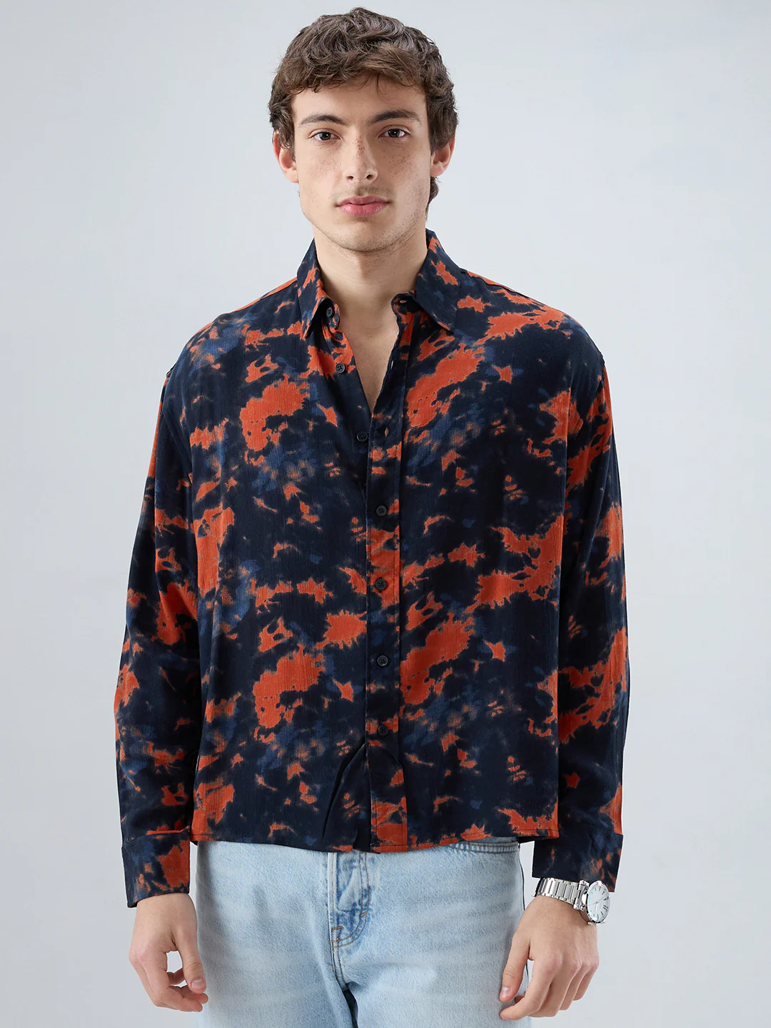 Burnt Orange Tie-Dye Printed Boxy Fit Crop Shirt - Image 4