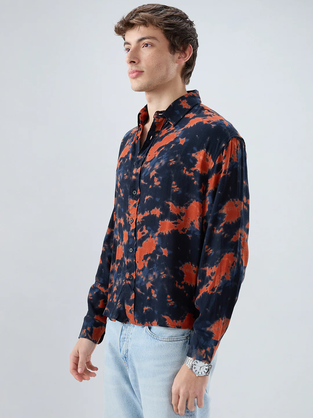 Burnt Orange Tie-Dye Printed Boxy Fit Crop Shirt - Image 5