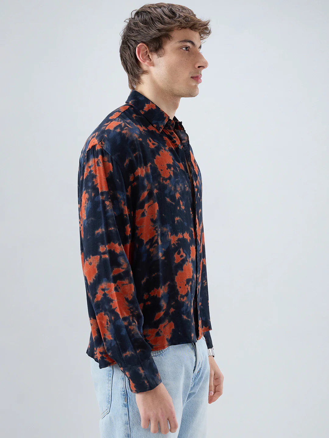 Burnt Orange Tie-Dye Printed Boxy Fit Crop Shirt - Image 6