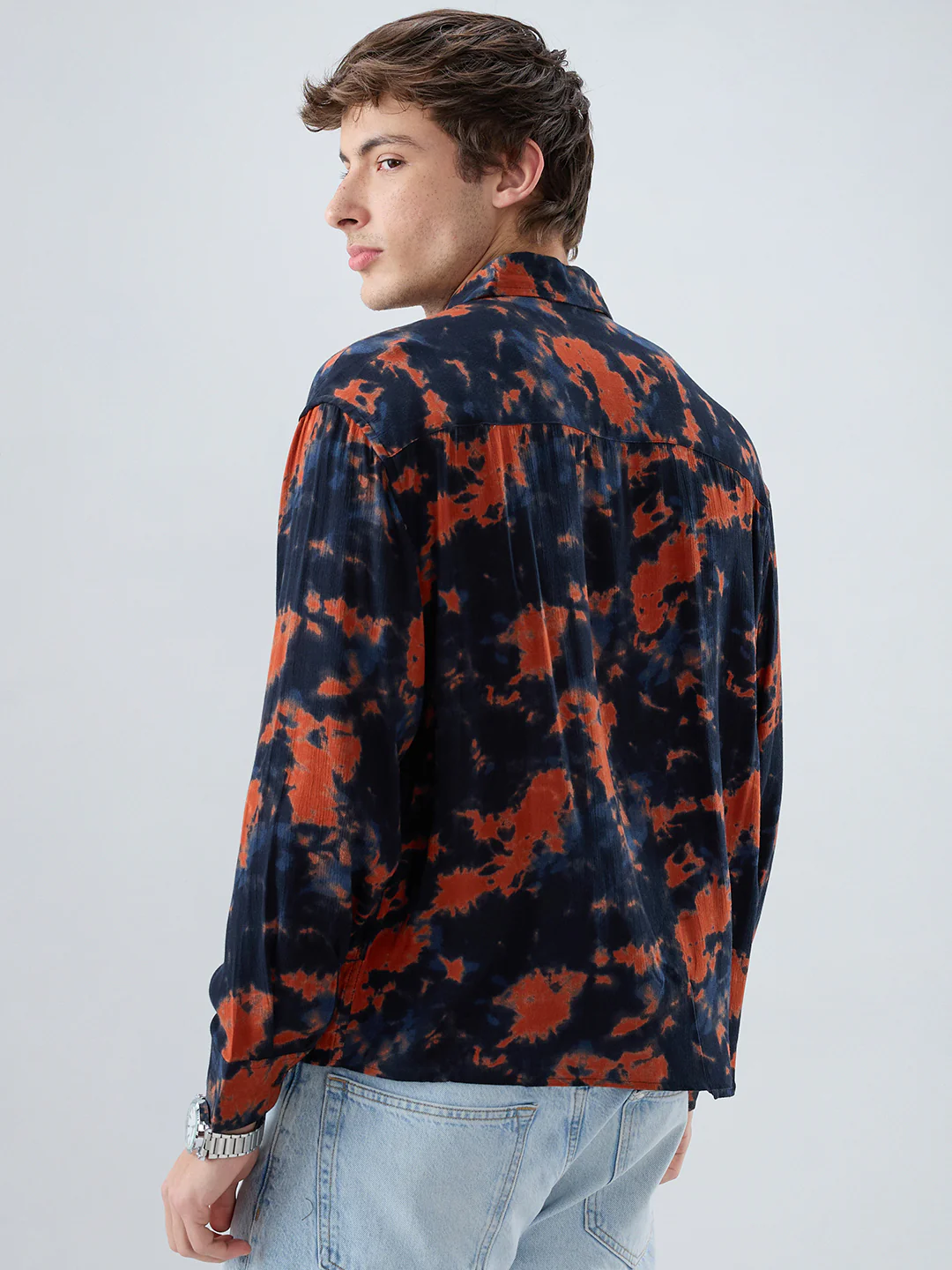 Burnt Orange Tie-Dye Printed Boxy Fit Crop Shirt - Image 7