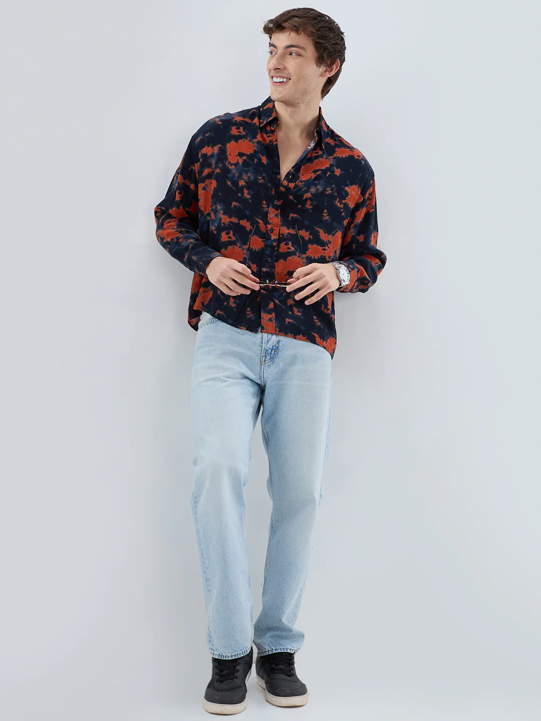 Burnt Orange Tie-Dye Printed Boxy Fit Crop Shirt - Image 8