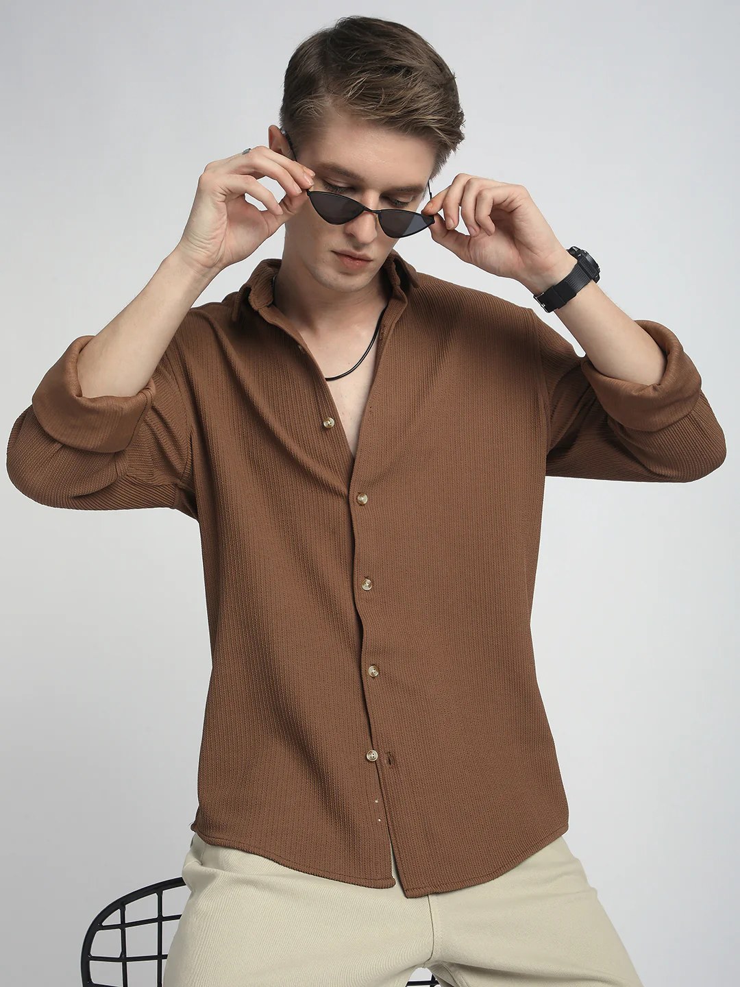 Burnt Sienna Brown Textured Shirt - Image 2