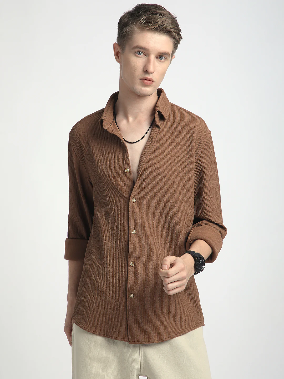 Burnt Sienna Brown Textured Shirt - Image 4