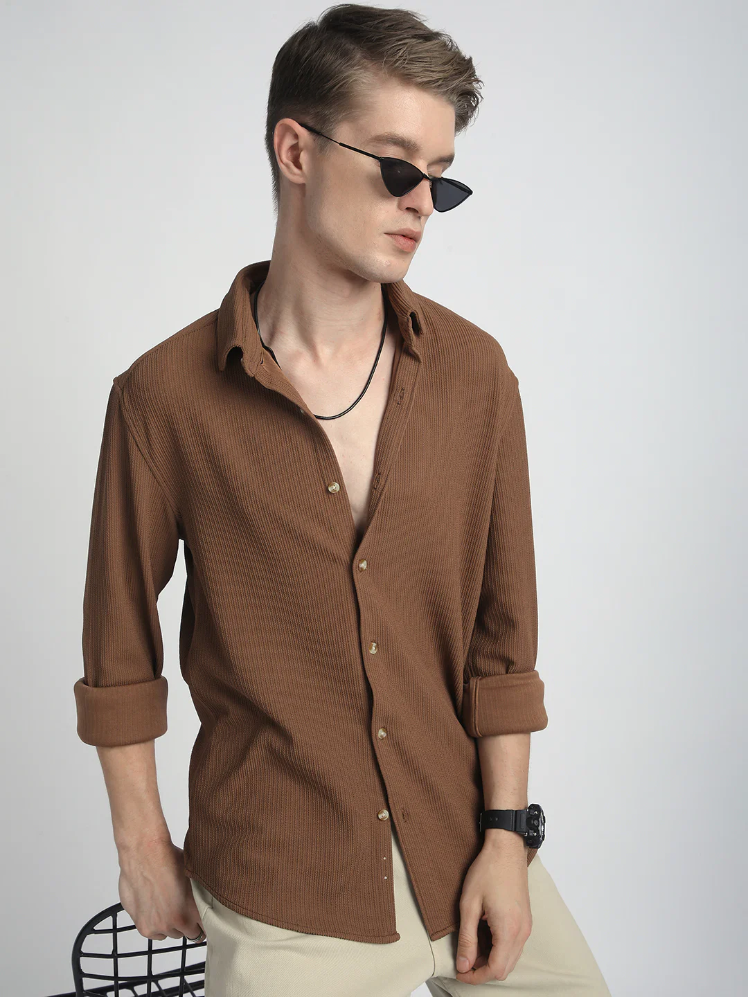 Burnt Sienna Brown Textured Shirt - Image 5