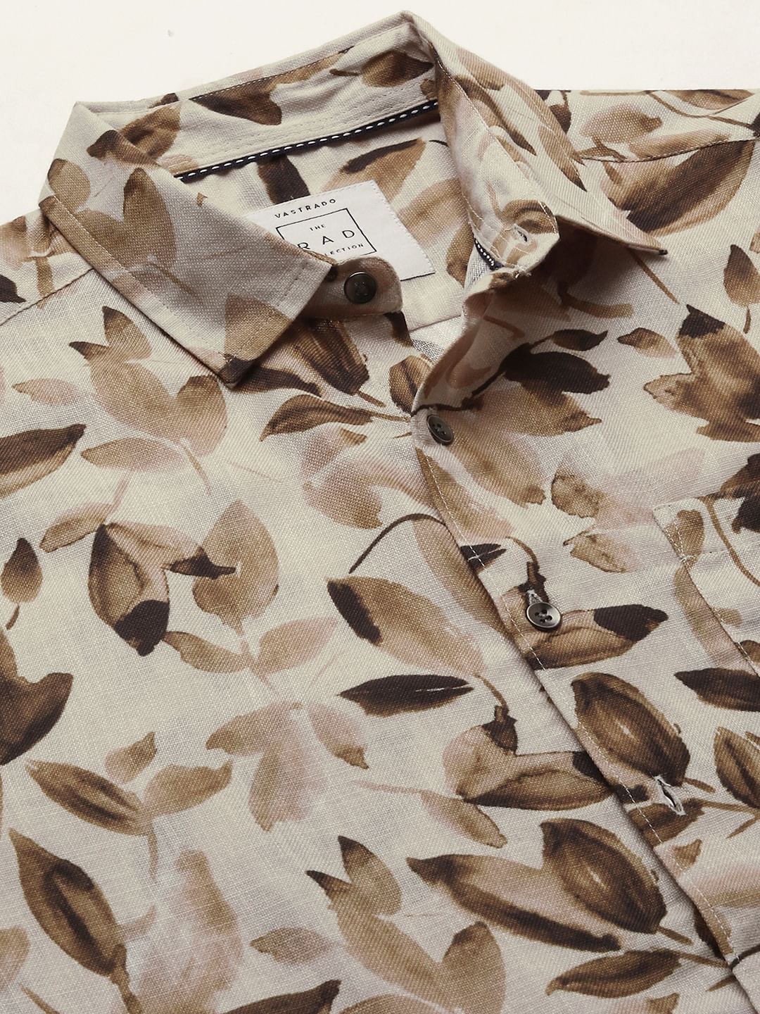 Camel Beige Artistic Floral Printed Linen Shirt - Image 3