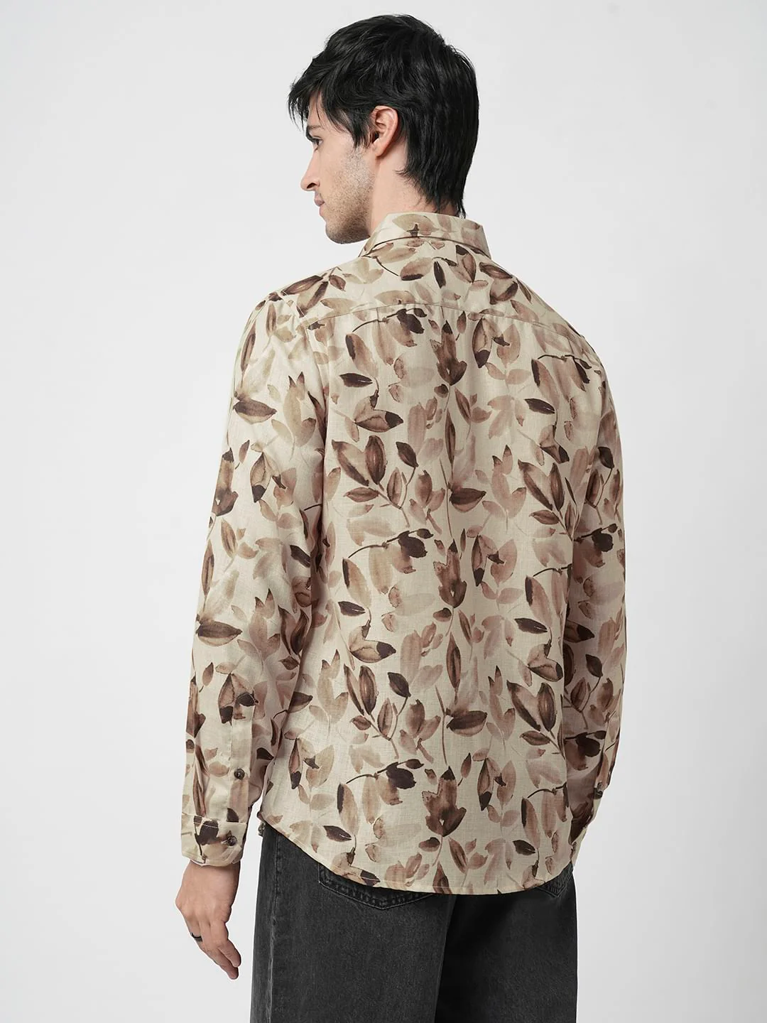Camel Beige Artistic Floral Printed Linen Shirt - Image 6