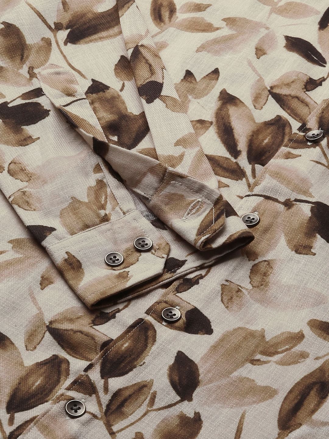 Camel Beige Artistic Floral Printed Linen Shirt - Image 8