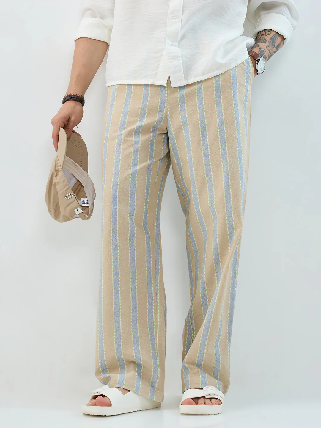 Camel Beige & Navy Striped Straight-Fit Trousers - Image 2