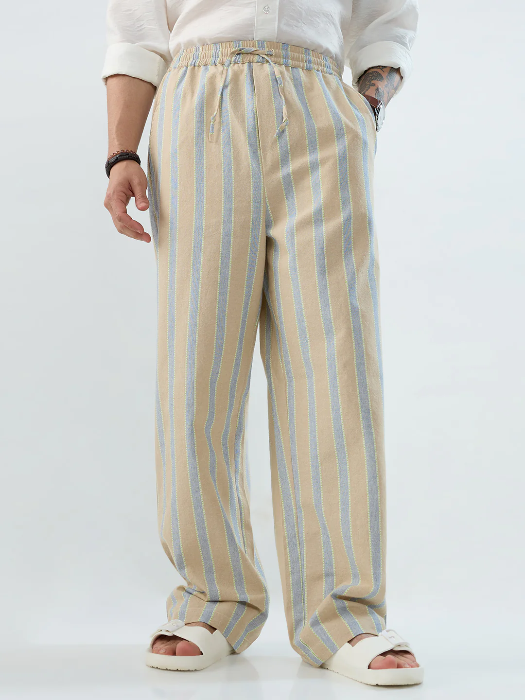 Camel Beige & Navy Striped Straight-Fit Trousers - Image 4
