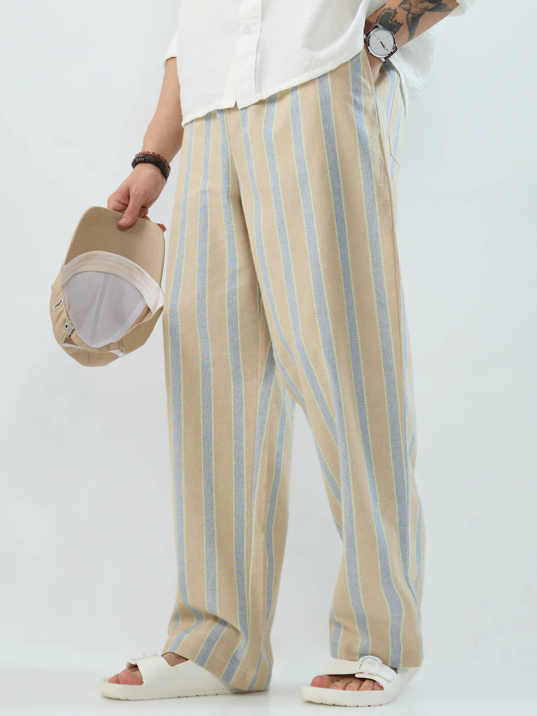 Camel Beige & Navy Striped Straight-Fit Trousers - Image 5