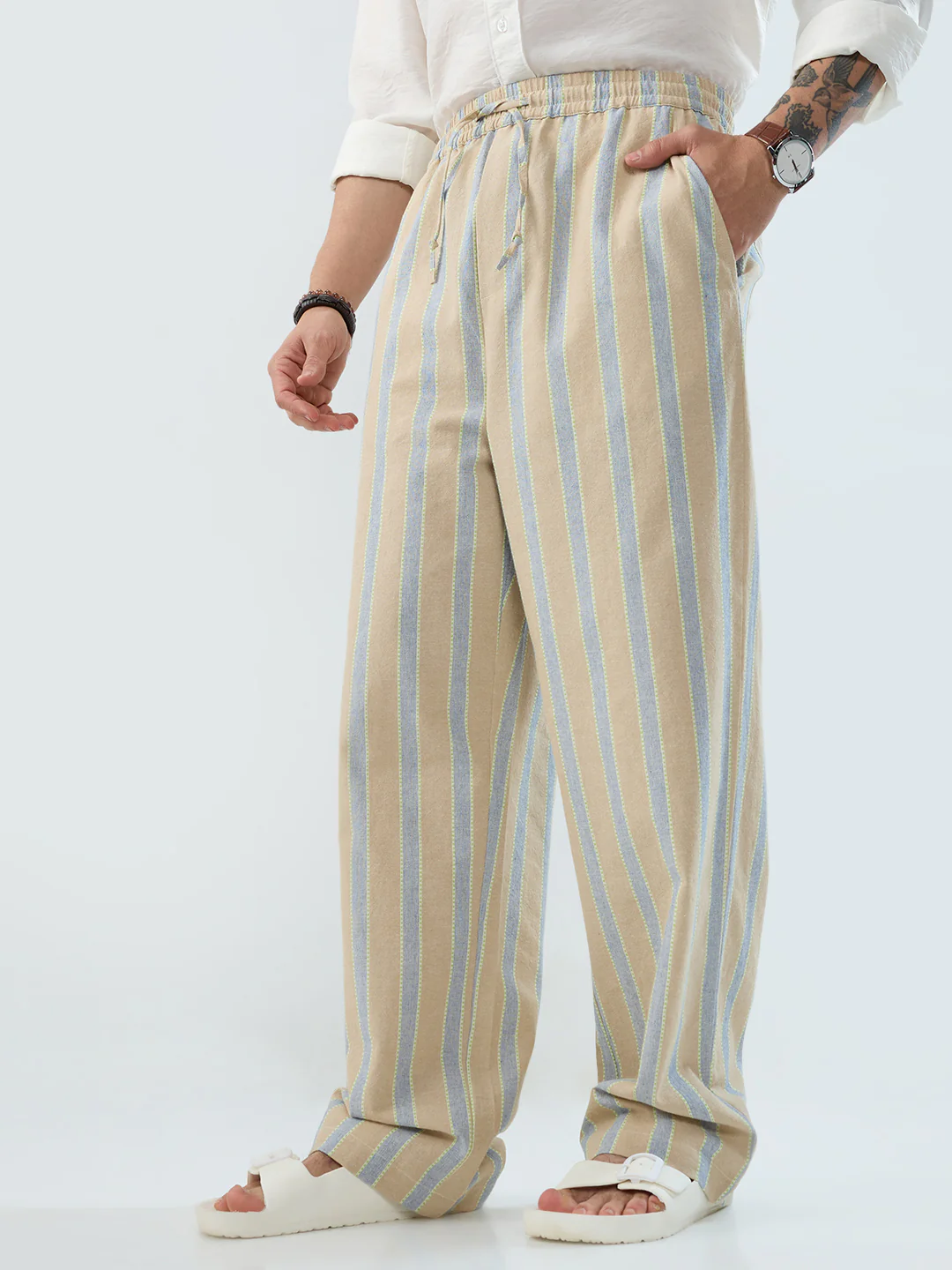 Camel Beige & Navy Striped Straight-Fit Trousers - Image 6