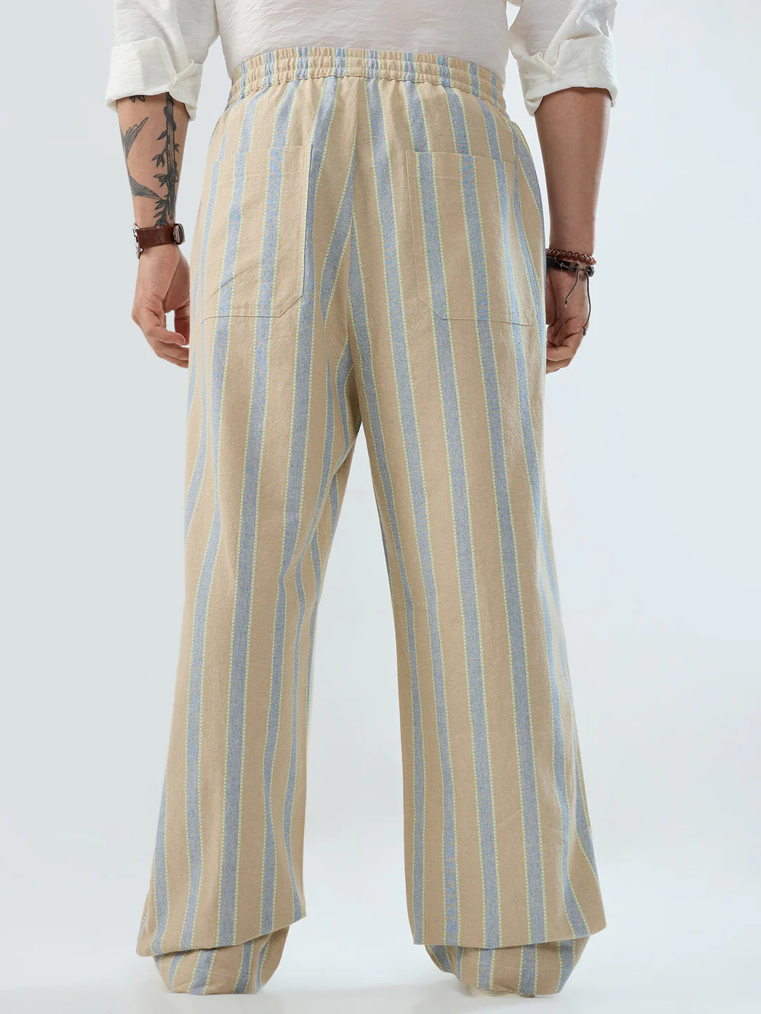 Camel Beige & Navy Striped Straight-Fit Trousers - Image 7